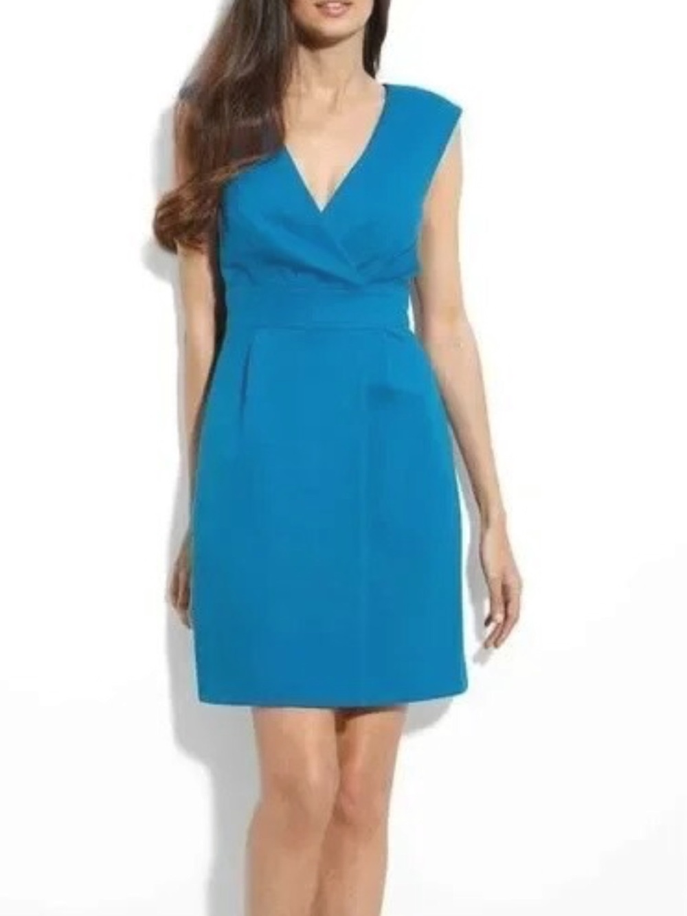 Trina Turk Faux Wrap Blue Teal Sleeveless V-Neck Sheath Dress, Size 10